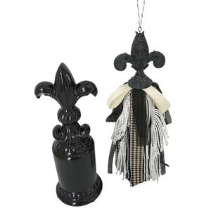 Fleur De Lis Black White‎ Ivory Ribbon Door Tassel Hanger & Ceramic Figurine Set